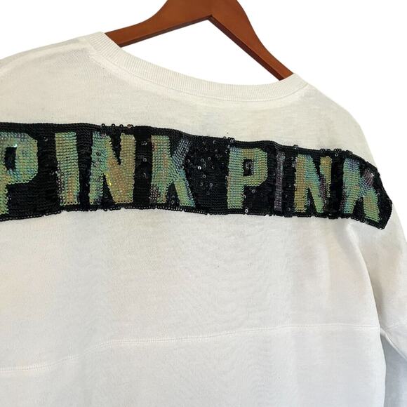 Victoria's Secret Pink Rainbow Sequin/Bling Black Varsity Stripe Long Sleeve, S - Picture 4 of 11